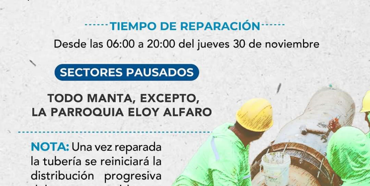 Interrupción programada del suministro de agua en Manta